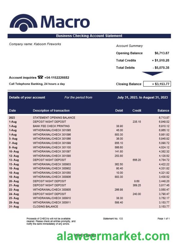 Banco Macro organization checking account statement Word and PDF template